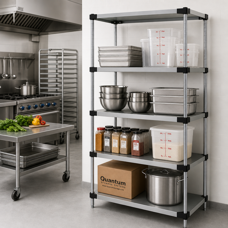 Product image #2 for Quantum Stationary 4-Shelf Solid Stainless Steel Shelving Starter Kit, 48 x 24 x 63 Inches, 600-800 lb. Capacity