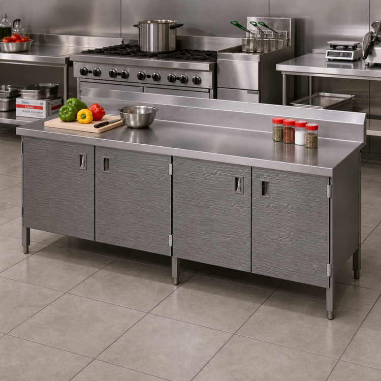 Product image #2 for John Boos 96" x 24" Enclosed Base Work Table with Hinged Doors, 16-Gauge Stainless Steel Top, and 5" Backsplash