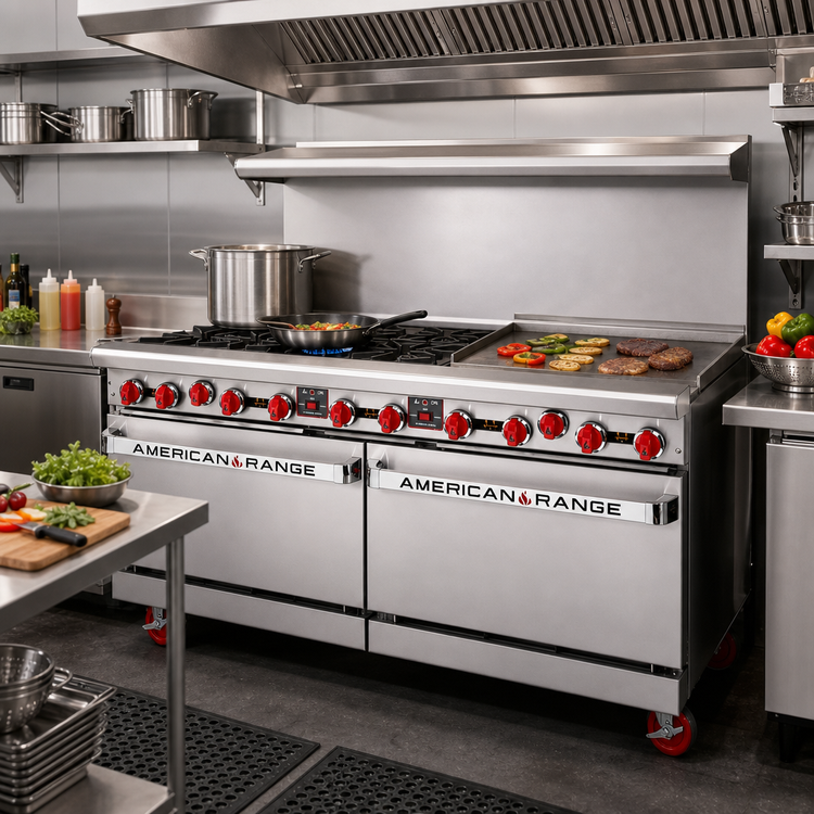 Product image #2 for American Range 60-Inch Commercial Gas Range with 36-Inch Griddle, 4 Open Burners, and 2 Convection Ovens