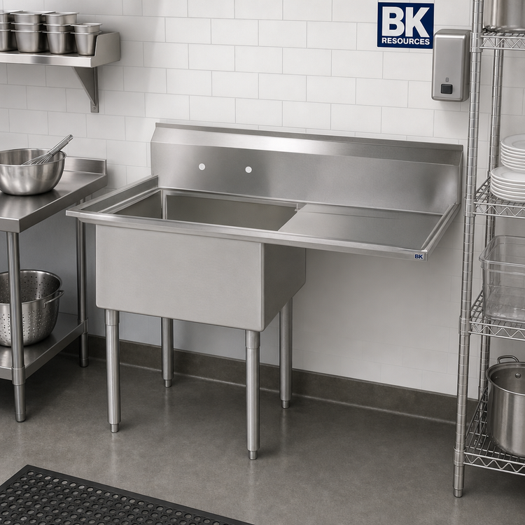 Product image #2 for BK Resources 1-Compartment Stainless Steel Sink with Right Drainboard and 9-Inch Backsplash