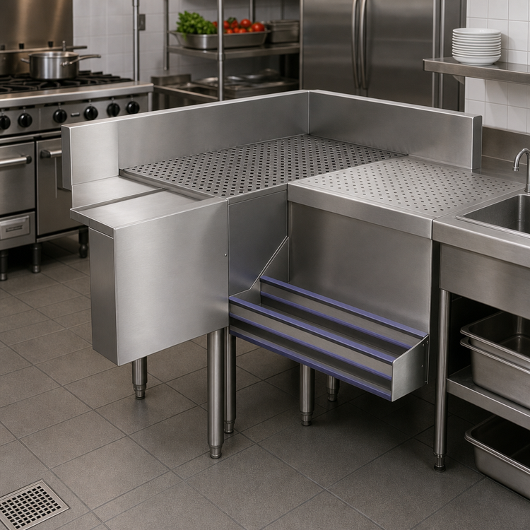 Product image #2 for Advance Tabco Prestige 90° Free-Standing Corner Drainboard Filler, 20" Left x 30" Right, 7" Backsplash