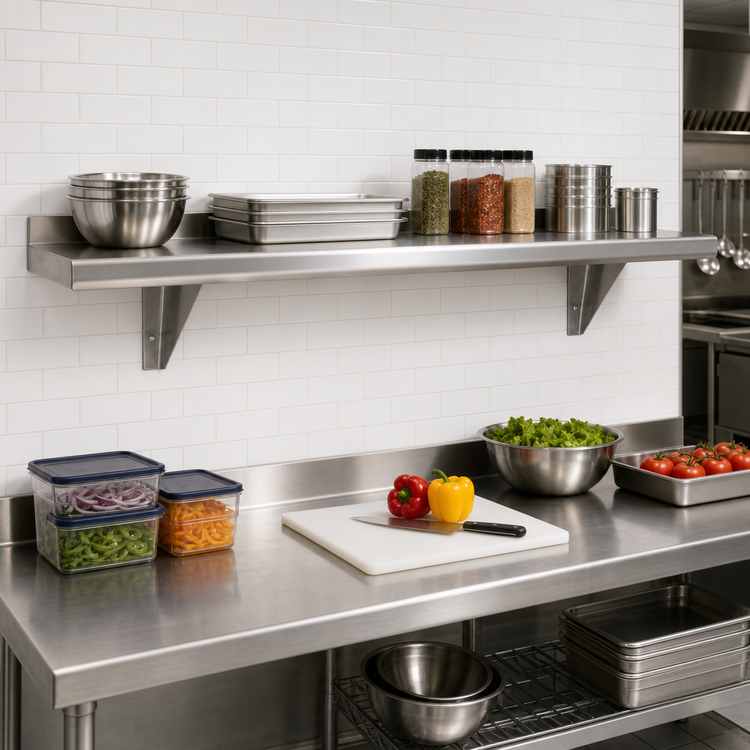 Product image #2 for Advance Tabco 144" W x 10" D Wall-Mounted Stainless Steel Wall Shelf with Bullnose Front Edge