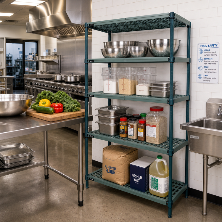 Product image #2 for Quantum 4-Tier Stationary Wire Plastic Mat Shelving Unit, 54 x 14 x 63 Inches, Green Epoxy Coated