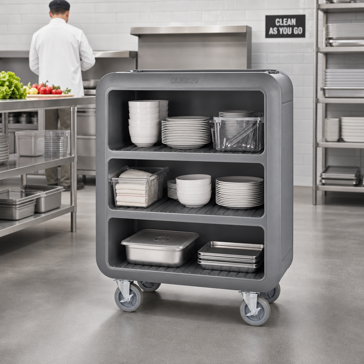 Product image #3 for Cambro Service Cart Pro Medium Polyethylene Bus Cart with 3 Ribbed Shelves and Closed Side