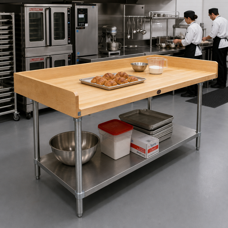 Product image #2 for Advance Tabco 96-Inch Wood Top Bakers' Work Table with Rear and Side Splash, Adjustable Galvanized Undershelf