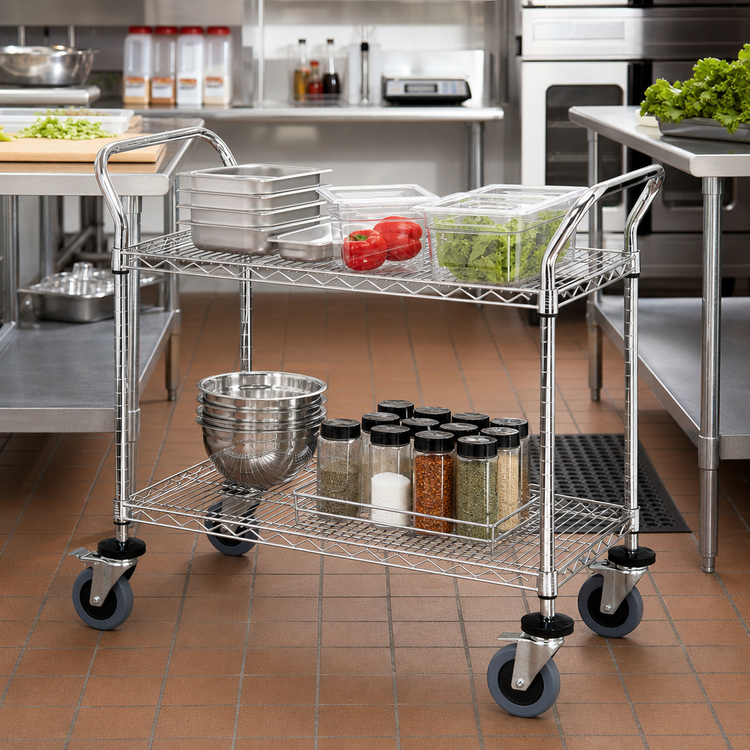Product image #2 for Quantum Conductive 3-Shelf Wire Utility Bus Cart with U-Handles, Chrome Plated, 36 x 18 x 37-1/2 Inches