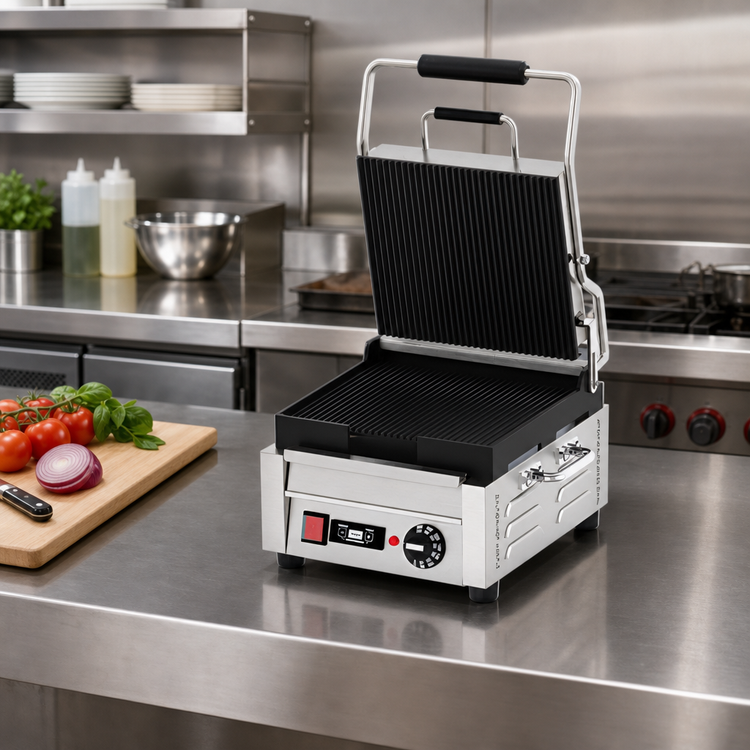 Product image #2 for Omcan Single Commercial Panini Press with Grooved Cast Iron Plates, 10 x 11 Inch Cooking Surface, 120V