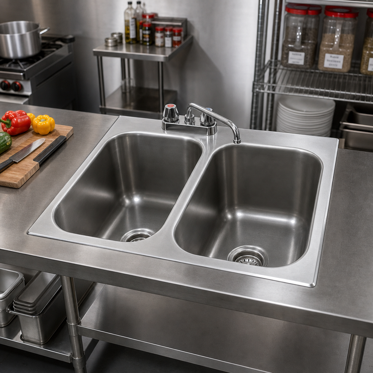 Product image #2 for Eagle Group Two-Compartment Self-Rimming Drop-In Stainless Steel Sink with 16 x 20 x 8-Inch Bowls, Faucet, and Basket Drains