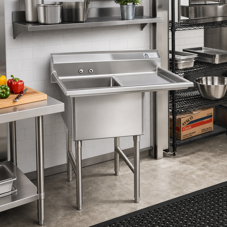 Product image #2 for Advance Tabco Fabricated 1-Compartment Sink with Right Drainboard, 24 x 24 x 14 Bowl, 16-Gauge 304 Stainless Steel