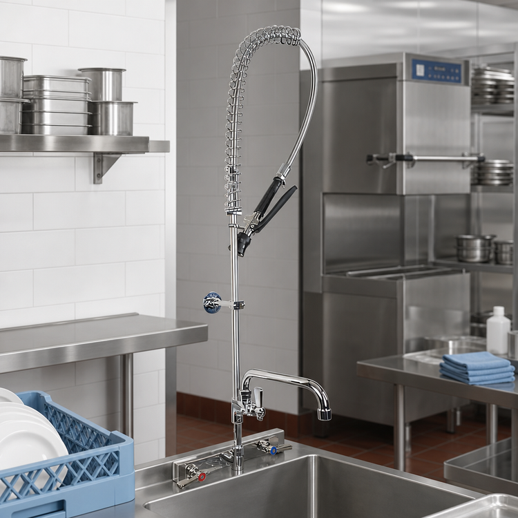 Product image #2 for BK Resources Evolution Lead-Free Splash-Mount Pre-Rinse Assembly with Add-On Faucet and 12-Inch Swing Spout