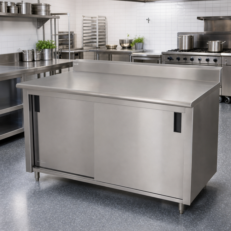 Product image #2 for Advance Tabco Special Value Economy Enclosed Work Table, 96 x 30 Inch, Cabinet Base, 16-Gauge 304 Stainless Steel Top