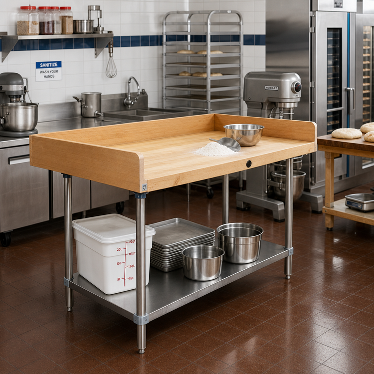 Product image #2 for Advance Tabco 48 Inch x 30 Inch Bakers' Top Wood Work Table with Undershelf and Rear/Side Splashes
