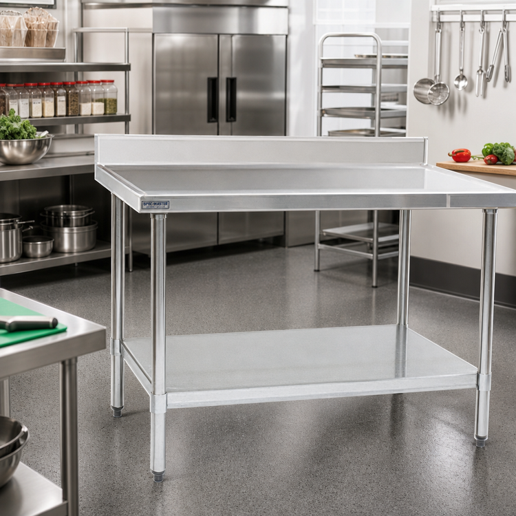 Product image #2 for Spec-Master Marine Series Stainless Steel Work Table with 4-1/2-Inch Backsplash and Adjustable Galvanized Undershelf, 120-Inch W x 24-Inch D