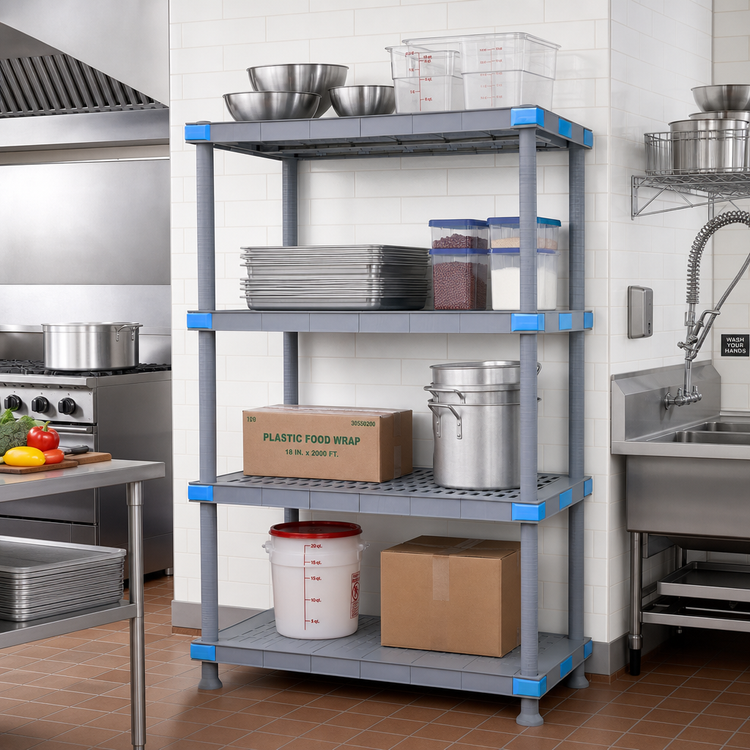 Product image #2 for Quantum Millenia Polymer Shelving Unit with 3 Open and 1 Solid Grid Shelves, 72W x 24D x 86H, Gray