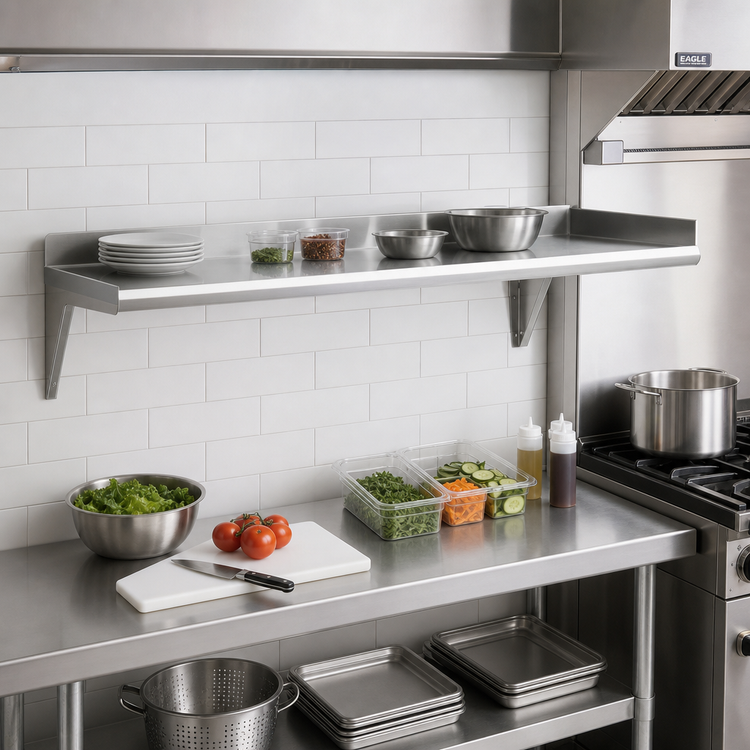 Product image #2 for Eagle Group Snap-n-Slide 60-Inch W x 12-Inch D Wall-Mounted Shelf, Rolled Front Edge, 14/304 Stainless Steel
