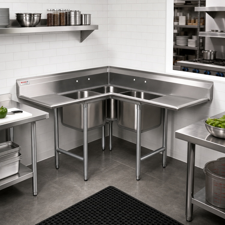 Product image #2 for Eagle Group C314-24-3-24 3-Compartment Corner Stainless Steel Commercial Sink with Double Drainboards