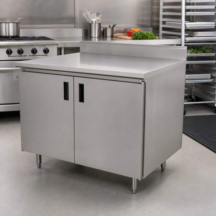 Product image #2 for Advance Tabco Special Value Series Economy Enclosed Work Table, 36 x 24 Inch, Cabinet Base, 16 Gauge 304 Stainless Steel Top, 5 Inch Backsplash