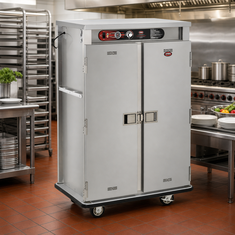 Product image #3 for FWE E-Series Dual-Heat Electric Banquet Holding Cabinet Cart, Double Doors, 72 Covered Plates