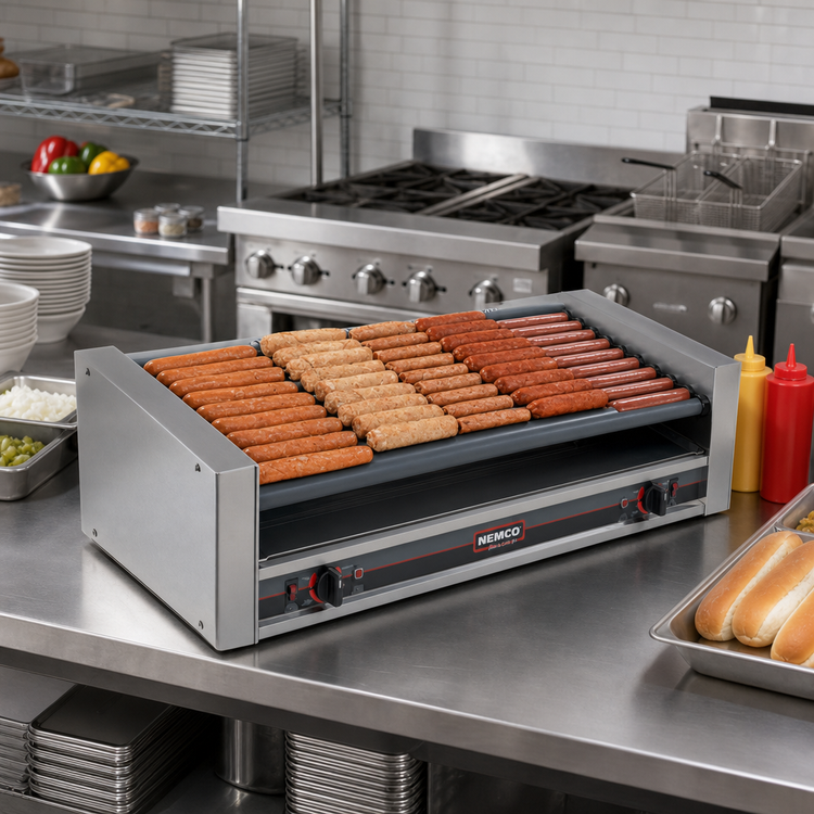 Product image #2 for Nemco Roll-A-Grill Slanted Hot Dog Roller Grill with GripsIt-Coated Rollers, 27 Hot Dog Capacity, 220V