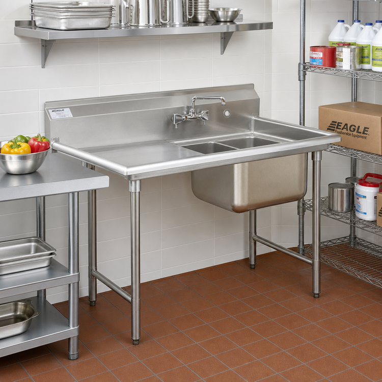 Product image #2 for Eagle Group 2-Compartment 430 Stainless Steel Sink with Left Drainboard, 56-5/8 Inch