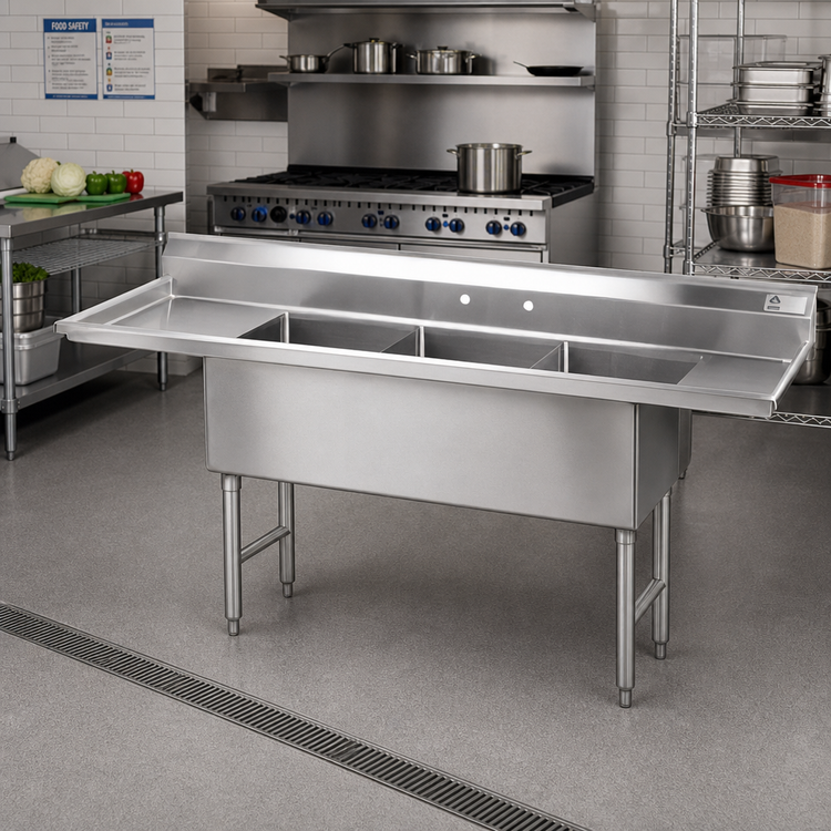 Product image #2 for Advance Tabco 3-Compartment Fabricated Stainless Steel Sink with Left & Right 30-Inch Drainboards
