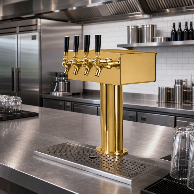 Product image #2 for Micro Matic T-Style Air-Cooled Countertop Draft Beer Tower with 4 Brass Faucets, PVD Brass Finish