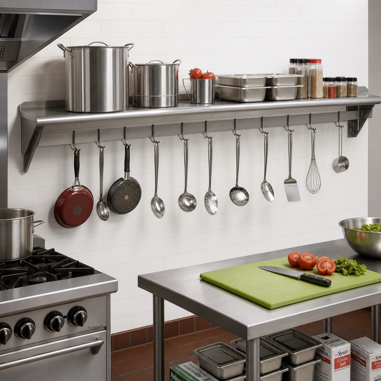 Product image #2 for Advance Tabco Wall-Mounted Shelf with Pot Rack, 84 Inch x 12 Inch, Stainless Steel, 9 Hooks