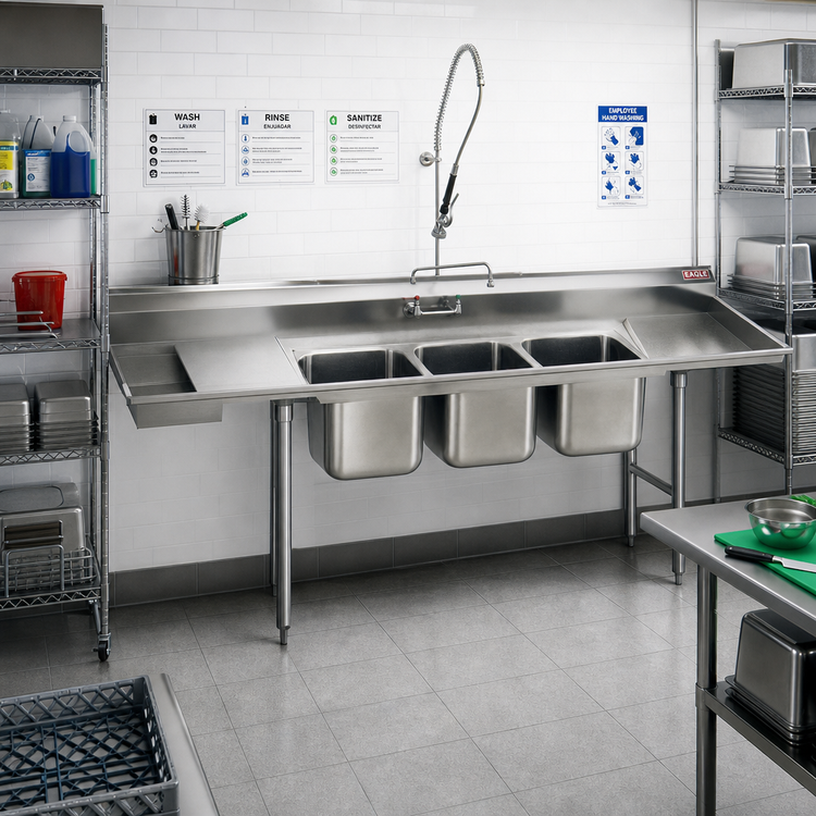 Product image #2 for Eagle Group Right-Hand Soiled Dishtable with Three-Compartment Pot Sink, 124-Inch Straight, 16/430 Stainless Steel Top