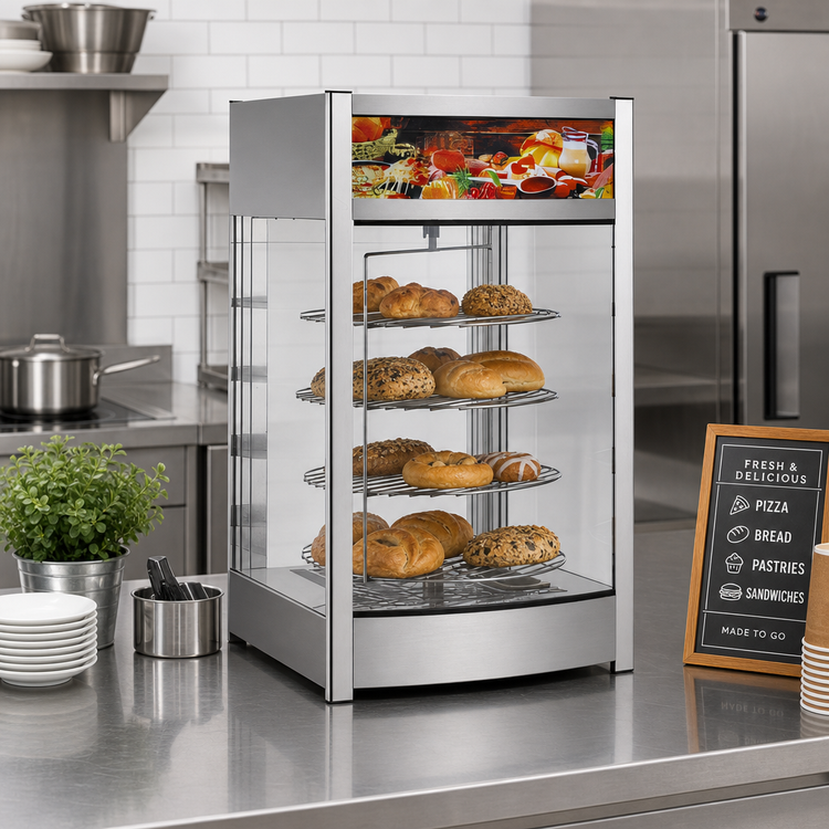 Product image #2 for CAC China 18-Inch Heated Rotating Countertop Food Display Merchandiser with 4-Tier Chrome Rack, Stainless Steel and Glass
