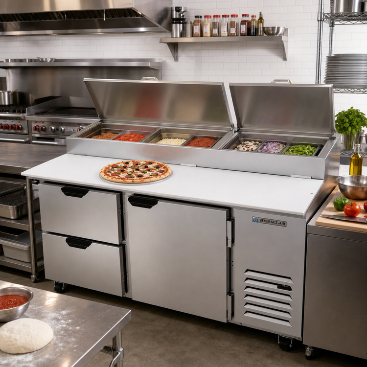 Product image #2 for Beverage-Air DPD67HC-2 Two-Section Pizza Top Refrigerated Counter with 2 Drawers and 1 Door, 67 Inch