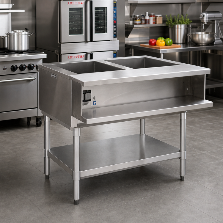 Product image #2 for Eagle Group Liquid Propane Water Bath Hot Food Table with Open Base and Undershelf, 2 Pan Openings