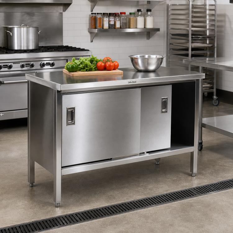 Product image #2 for John Boos Enclosed Stainless Steel Work Table with Sliding Doors, 48 x 24 Inches, 14-Gauge 300 Series Flat Top