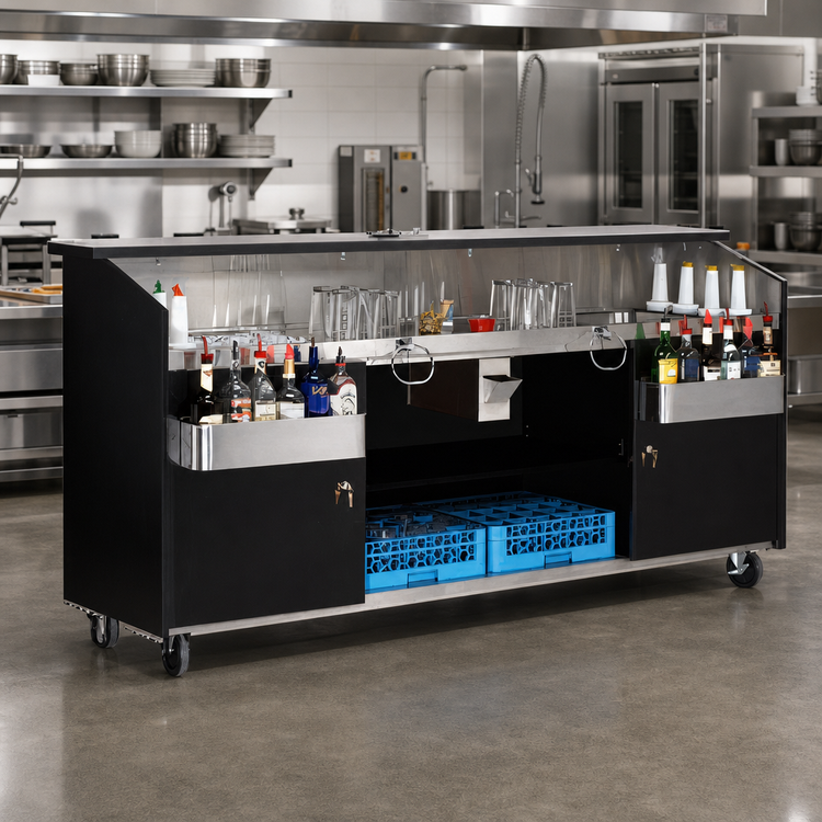 Product image #2 for Regency Supreme 95-3/4 Inch Wide Black Portable Bar with 2 Ice Bins, Bottle Storage and Stainless Steel Work Top