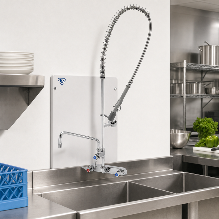 Product image #2 for T&S Brass EasyInstall 8-Inch Wall-Mount Workboard Pre-Rinse Add-On Faucet with 12-Inch Swing Nozzle and 1.07 GPM Spray Valve
