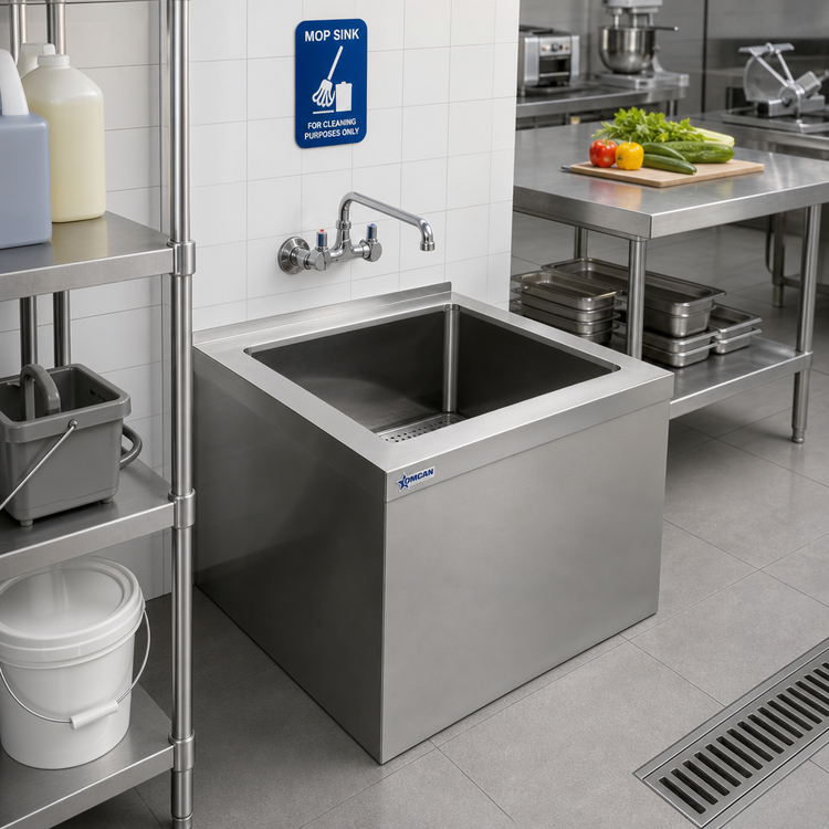 Product image #2 for Omcan USA Floor-Mount Stainless Steel Mop Sink with 28 x 20 x 12-Inch Deep Bowl and Drain Basket