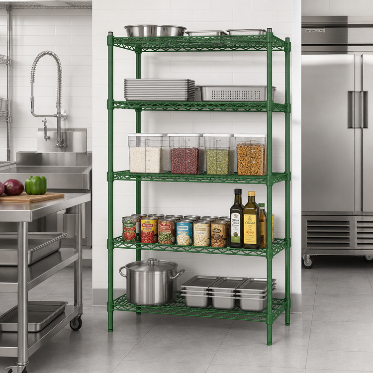 Product image #2 for Steel Works Stainless Heavy-Duty Stationary 5-Tier Wire Shelving Unit, 54 x 14 x 84 Inches, Green Epoxy Coated