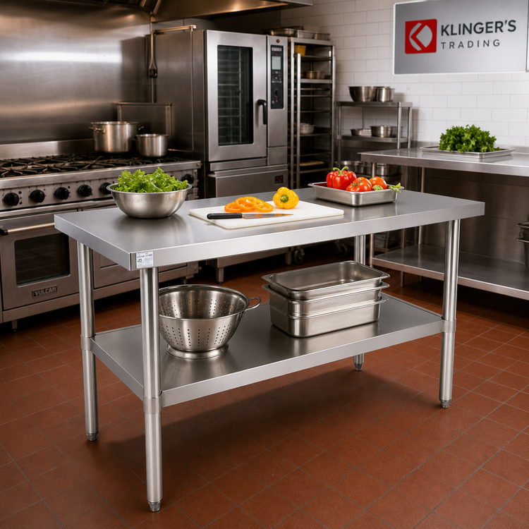 Product image #2 for Klinger's Trading 60" x 24" 16-Gauge 430 Stainless Steel Flat Top Work Table with Undershelf
