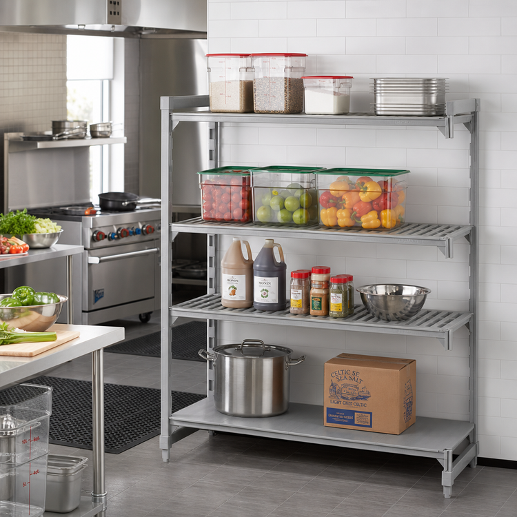 Product image #3 for Cambro Camshelving Premium 42-Inch W x 21-Inch D x 64-Inch H 4-Tier Add-On Polymer Shelving Unit, Vented & Solid, Speckled Gray