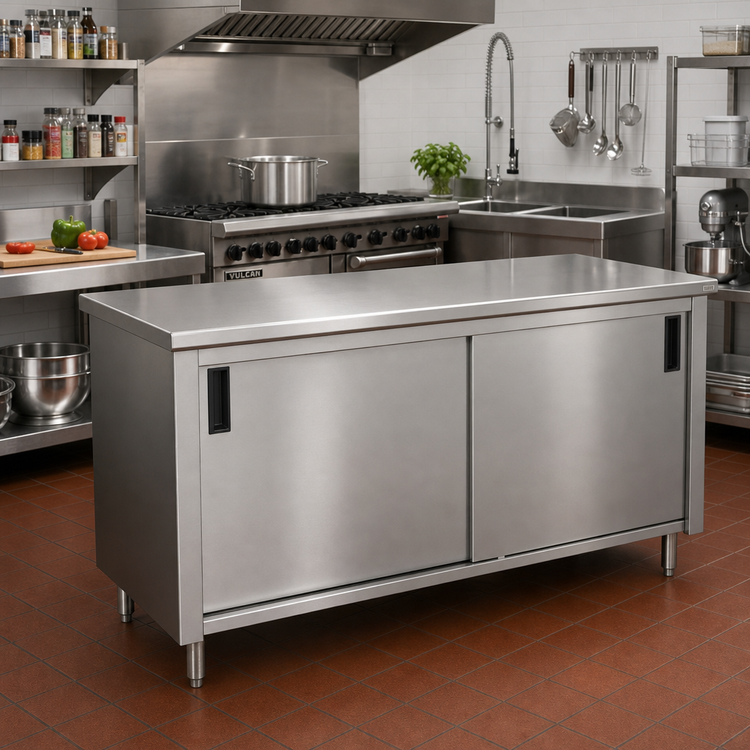 Product image #2 for Advance Tabco Special Value Economy Enclosed Work Table with Cabinet Base, Mid-Shelf, Sliding Doors, and 16 Gauge 304 Stainless Steel Top, 96 x 30 Inch