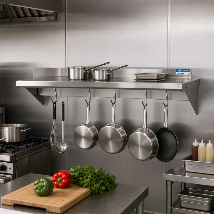 Product image #2 for BK Resources 60-Inch Economy Wall-Mounted Stainless Steel Pot Rack Shelf, 12-Inch Deep