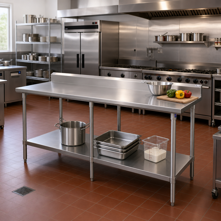 Product image #2 for John Boos Stallion Safety Edge Stainless Steel Work Table, 120W x 30D, 5 Inch Backsplash, Galvanized Base