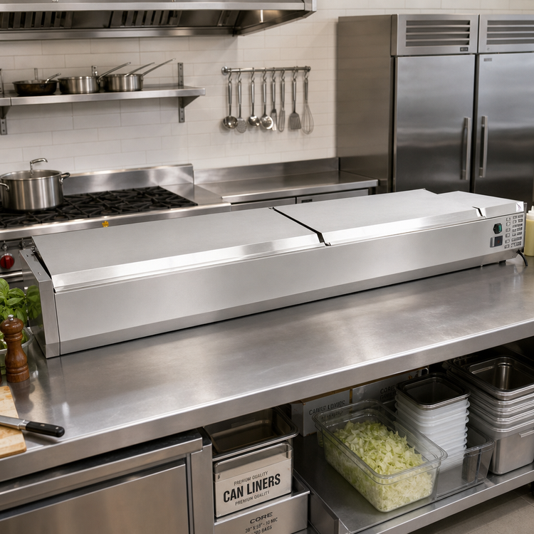 Product image #2 for Omcan 58-Inch Countertop Refrigerated Topping Rail with Stainless Steel Cover, 6-Pan Capacity