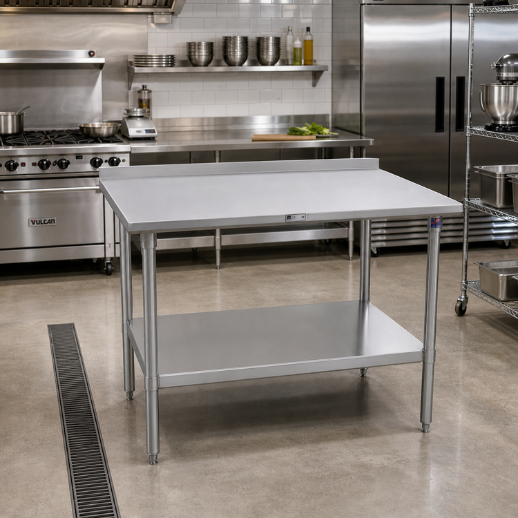 Product image #2 for John Boos Stallion 48" x 30" Stainless Steel Work Table with Rear Up-Turn and Adjustable Undershelf