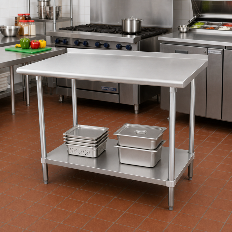 Product image #2 for Advance Tabco 48 Inch x 36 Inch 16-Gauge 430 Stainless Steel Work Table with Adjustable Undershelf and 1-1/2 Inch Rear Up-Turn