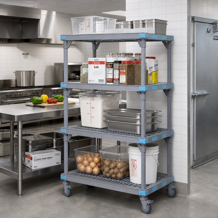 Product image #2 for Millenia Mobile Polymer Shelving Starter Unit with 4 Open Grid Shelves, 60"W x 24"D x 62"H, Gray