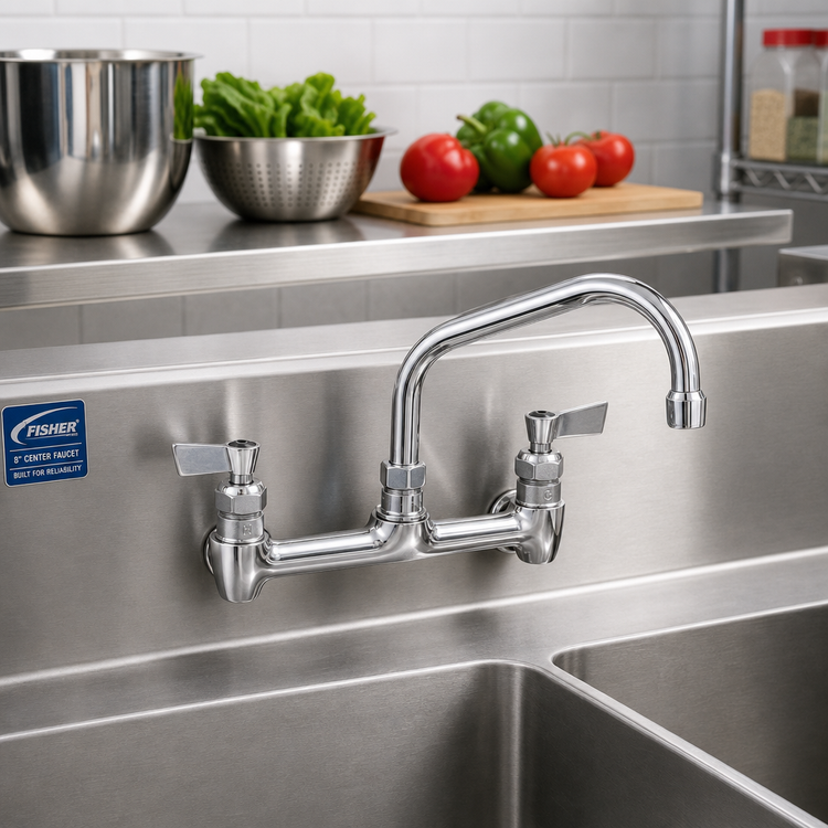 Product image #2 for Fisher Stainless Steel 8-Inch Center Backsplash Faucet with 14-Inch Swing Spout and Lever Handles