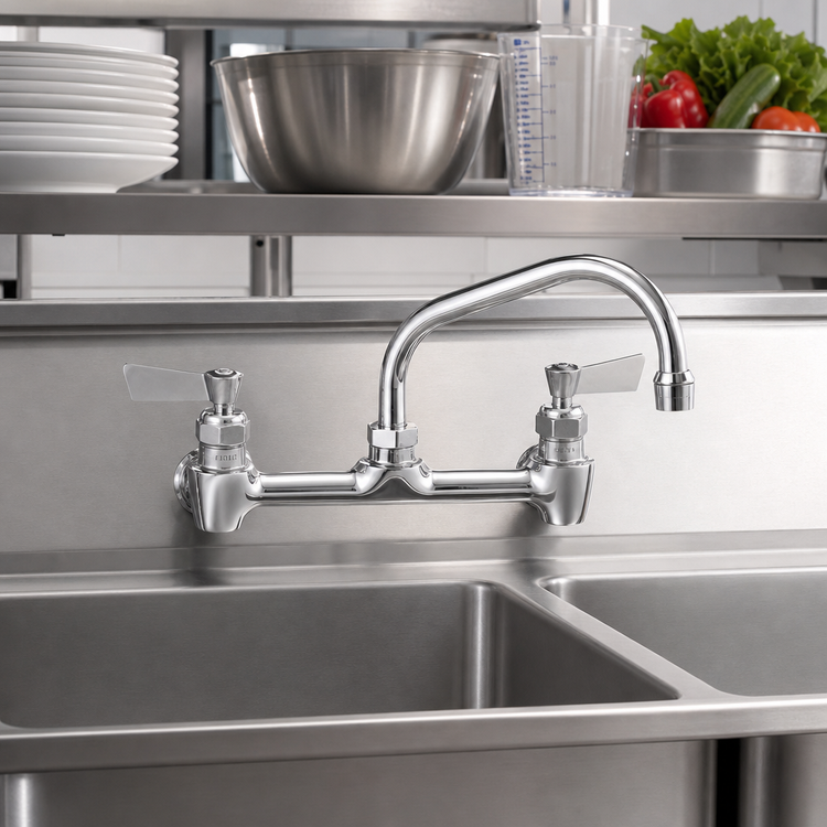 Product image #2 for Fisher Stainless Steel 8-Inch Center Backsplash Faucet with 14-Inch Swing Spout and Lever Handles