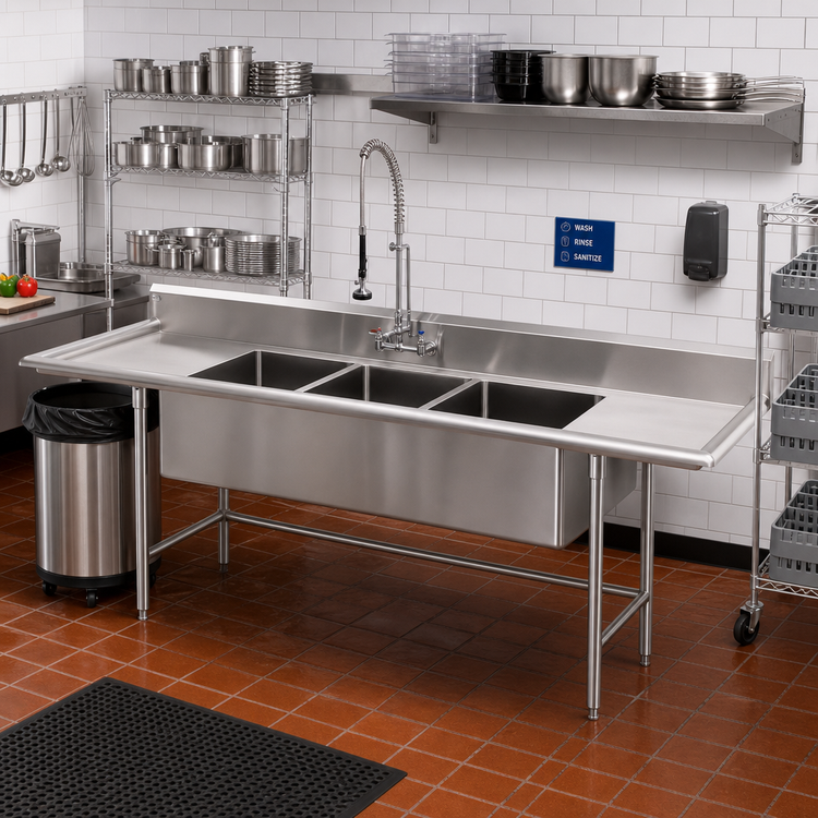 Product image #2 for Eagle Group S14 Series 115-Inch Three-Compartment Stainless Steel Sink with Left and Right Drainboards