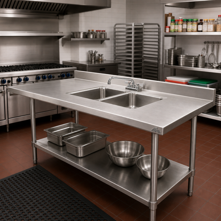 Product image #2 for Advance Tabco Double Bowl Welded Sink Into Table Top with Faucet, 10 x 14 x 10 Bowls