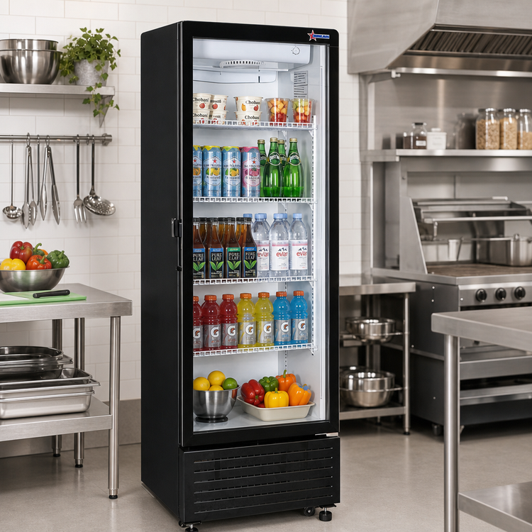 Product image #2 for Omcan RE-CN-305 One-Section Reach-In Glass Door Refrigerated Showcase, 10.1 Cu. Ft., Black, Bottom-Mount Self-Contained